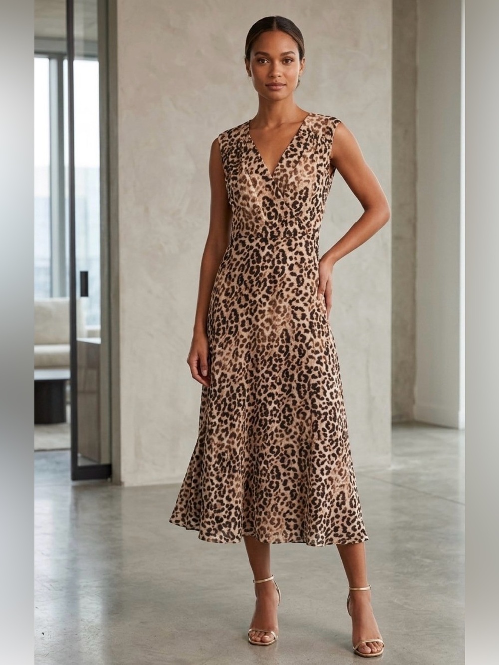 Calvin Klein NWT Leopard Print Midi Dress Size 4 Draped Pleated V Neck